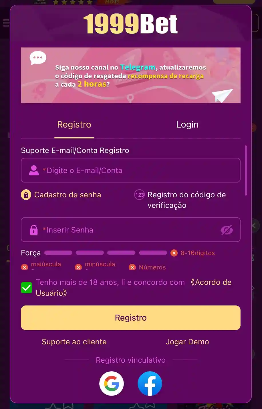 conta no 1999Bet Casino